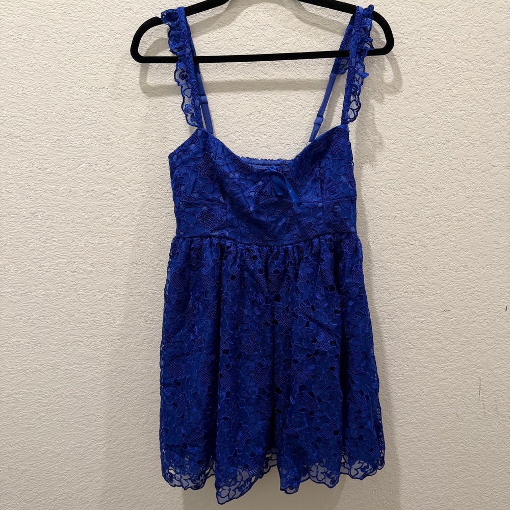 Anthropologie Royal Blue Lace Mini Dress Ruffle Strap Smocked Back Size S NWT